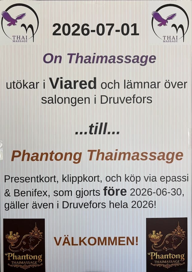Vi överlämnar salongen i Druvefors till Phantong Thaimassage!